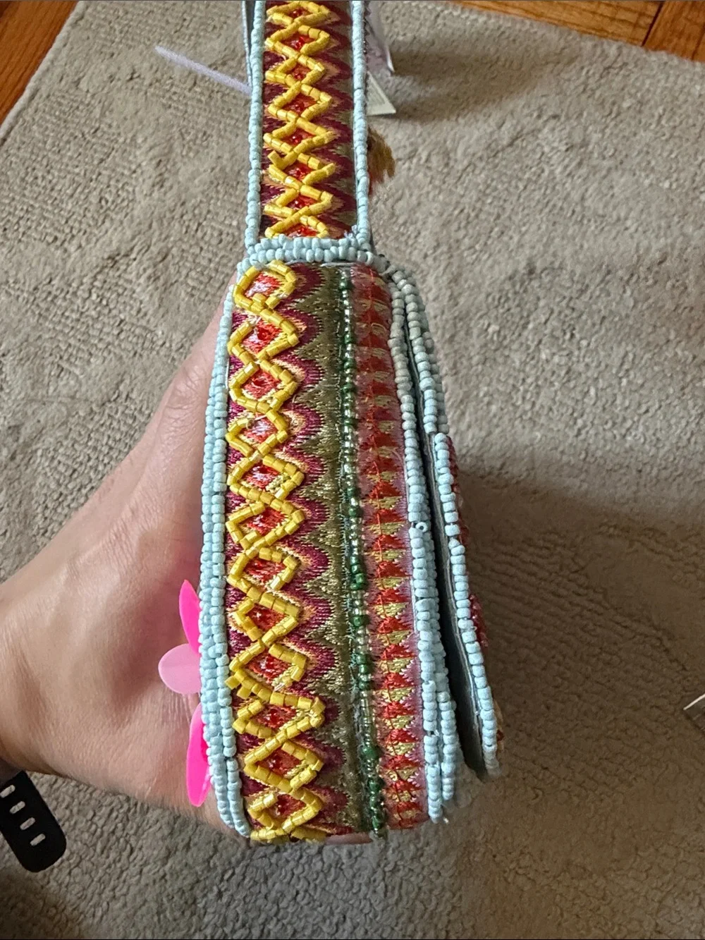 Beaded Floral Shoulder Bag in Light Blue with Pink Accents - Hawaiian style - Picture 8 of 9